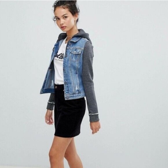 Hollister Blue Grey Distressed Hooded Denim Jean Jacket Size S Small - Picture 2 of 14